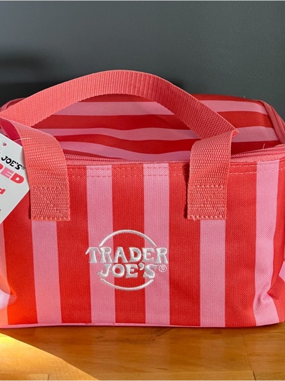 Trader Joe's Pink & Red Striped Tote Cooler Summer 2026 - Picture 2 of 4
